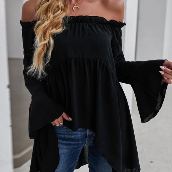 Black Off-shoulder High Low Blouse - Picture 7 of 7